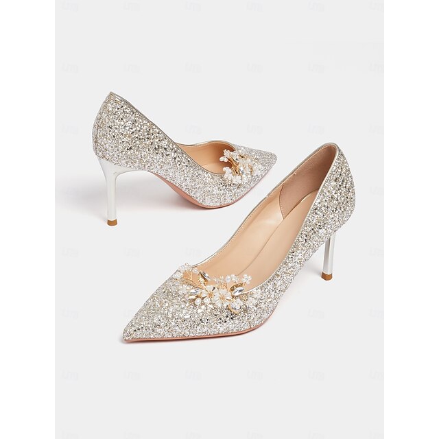 Women's Silver Glitter Stiletto Heels with Floral Embellishments – Elegant Pointed Toe Wedding and Prom Shoes 13