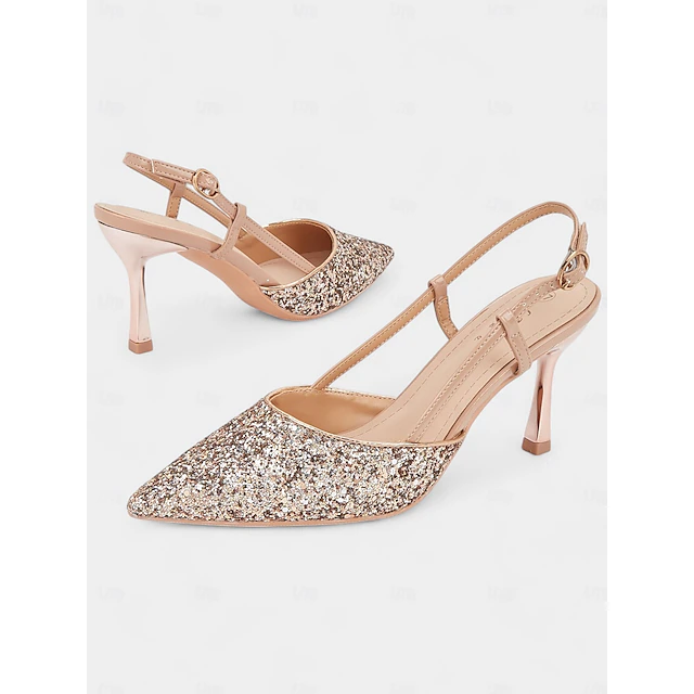 Sparkly Rose Gold Slingback Heels with Adjustable Ankle Strap and Kitten Heels for Women - Ideal for Weddings and Special Occasions 13