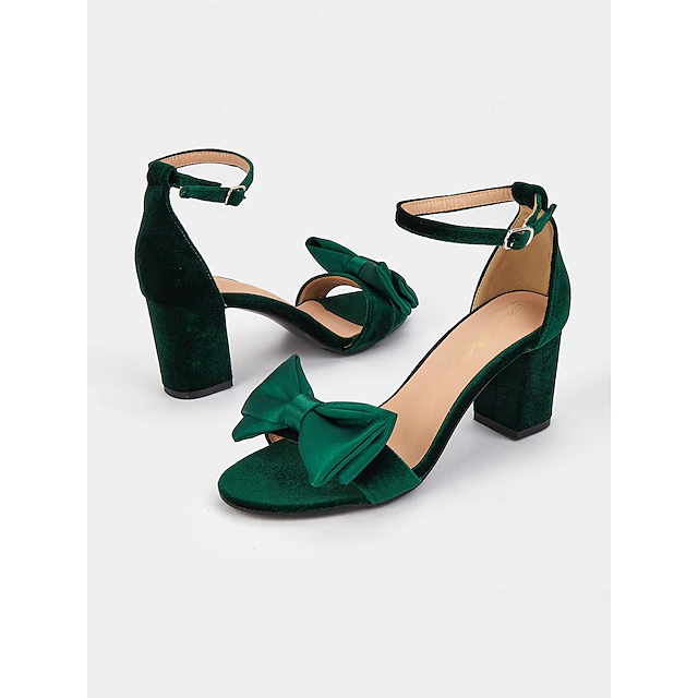 Women's Green Velvet Block Heel Sandals with Satin Bow and Ankle Strap – Perfect for Wedding, Parties or Formal Events 11