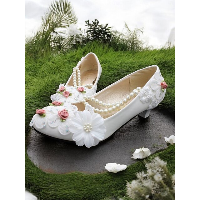 White Floral Embellished Pearl Strap Low Heel Shoes for Bridal and Wedding Events 7