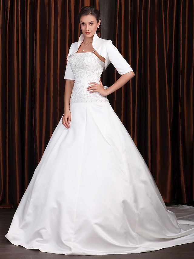  Wedding Dresses A-Line Square Neck Half Sleeve Cathedral Train Satin Bridal Gowns With Beading Appliques 2024