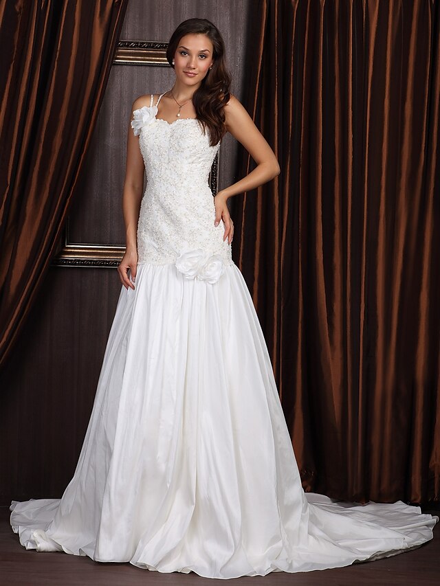  Hall Wedding Dresses A-Line One Shoulder Sweetheart Sleeveless Court Train Taffeta Bridal Gowns With 2024