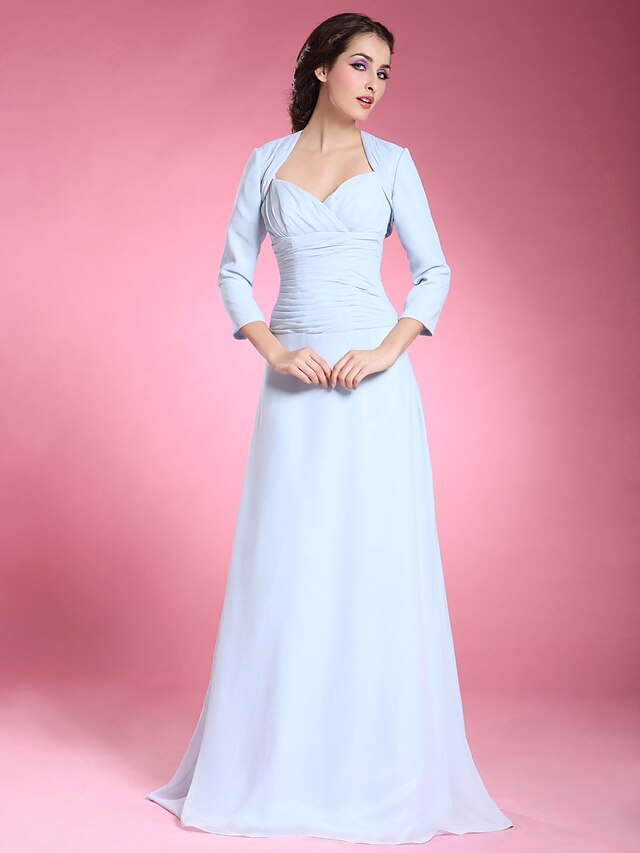  A-Line Mother of the Bride Dress Wrap Included Sweetheart Spaghetti Strap Floor Length Chiffon 3/4 Length Sleeve yes with Criss Cross Ruched 2024