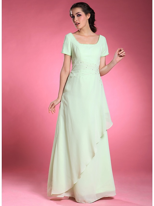  A-Line Dress Formal Evening Wedding Party Floor Length Short Sleeve Square Neck Chiffon with Beading Side Draping 2025