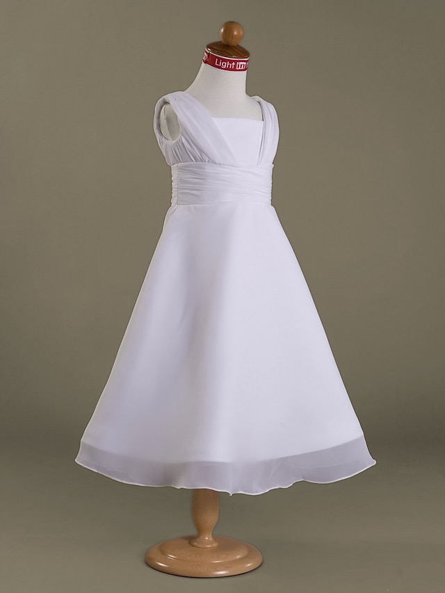  A-Line / Princess Tea Length Flower Girl Dress - Chiffon / Satin Sleeveless Square Neck with Side Draping / Ruffles / Ruched by LAN TING BRIDE® / Spring / Summer / Fall / Winter / First Communion