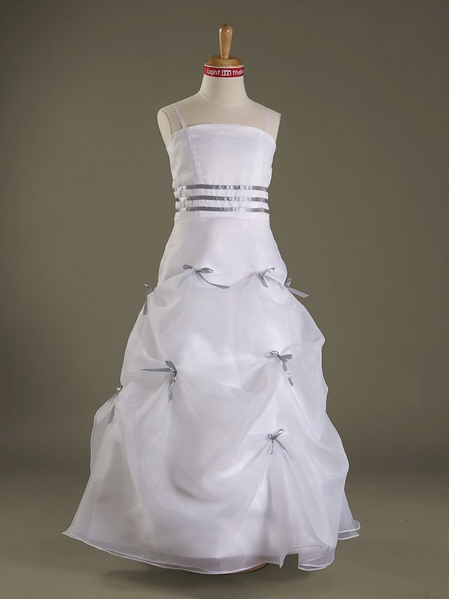  A-Line Spaghetti Strap Floor Length Organza / Satin Junior Bridesmaid Dress with Pick Up Skirt / Sash / Ribbon / Bow(s)