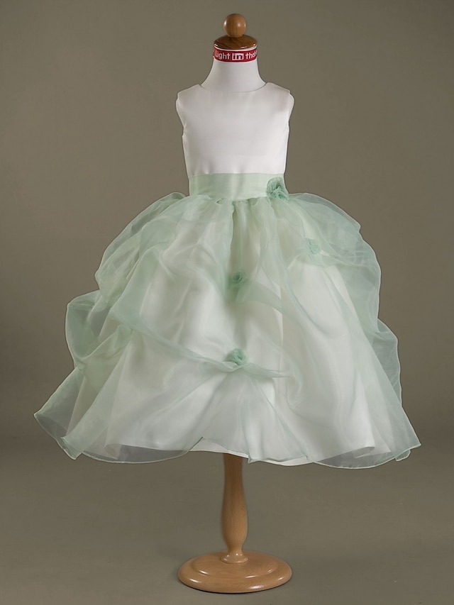  Ball Gown Tea Length Wedding Party Organza / Satin Sleeveless Jewel Neck with Pick Up Skirt / Flower