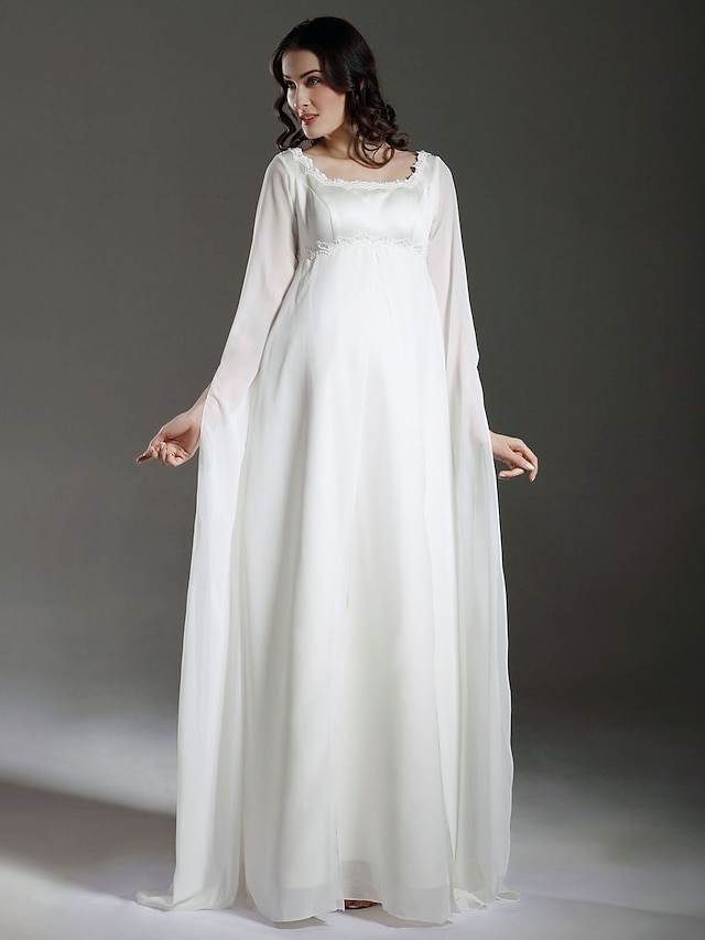  Sheath / Column Wedding Dresses Square Neck Floor Length Chiffon Satin Long Sleeve See-Through with Appliques 2022 / Illusion Sleeve