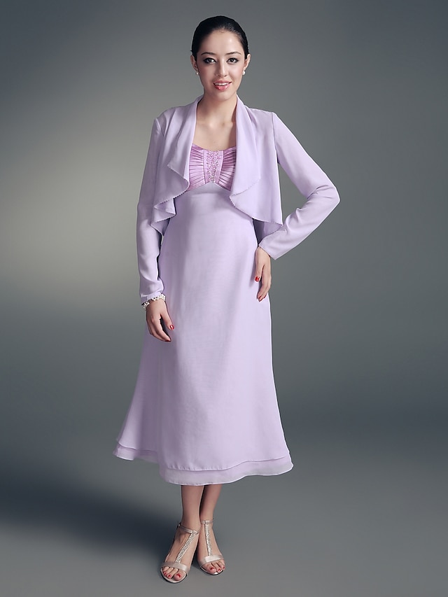  A-Line Mother of the Bride Dress Wrap Included Straps Sweetheart Neckline Tea Length Chiffon Stretch Satin Long Sleeve with Beading Side Draping 2022