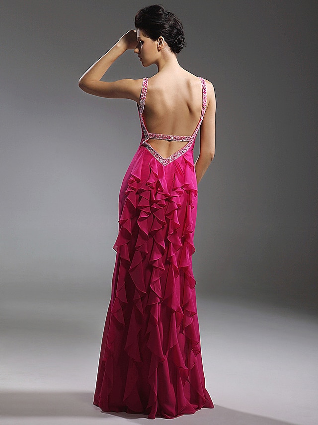  Sheath / Column Beautiful Back Dress Prom Formal Evening Floor Length Sleeveless Straps Chiffon with Beading Cascading Ruffles 2024