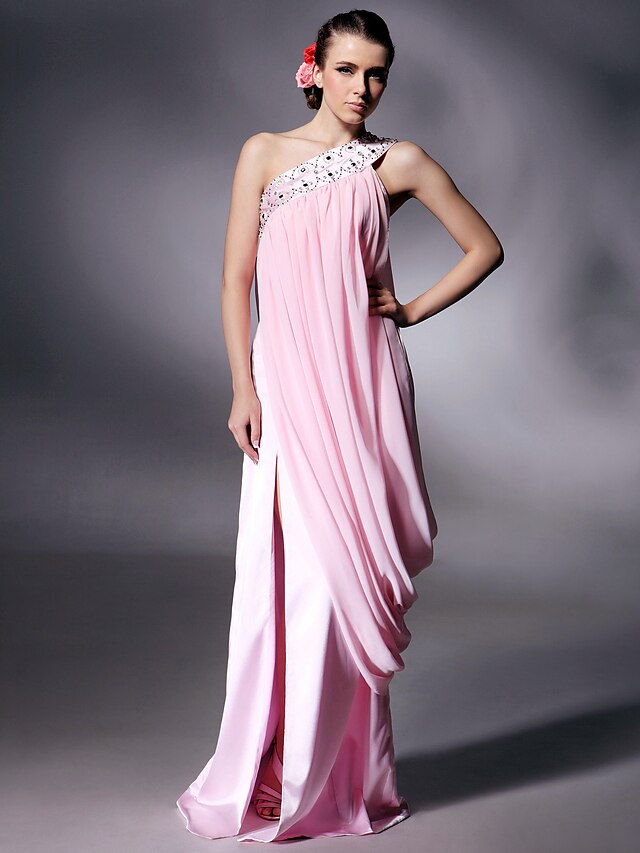  Sheath / Column Elegant Dress Prom Formal Evening Floor Length Sleeveless One Shoulder Chiffon with Beading Side Draping Split Front 2024
