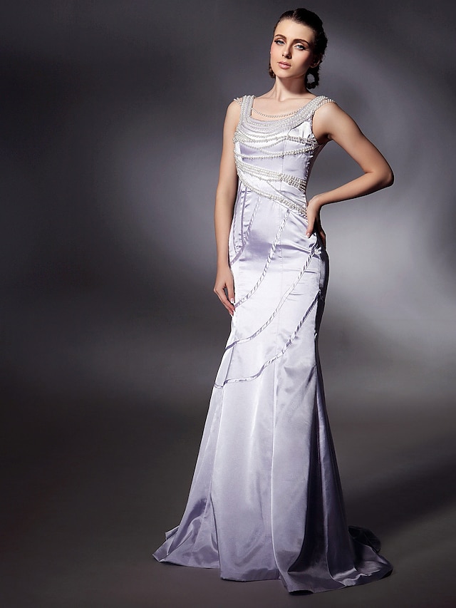  Mermaid / Trumpet Elegant All Celebrity Styles Inspired by Cannes Film Festival Formal Evening Military Ball Dress Straps Sleeveless Sweep / Brush Train Satin with Pearls Beading 2020