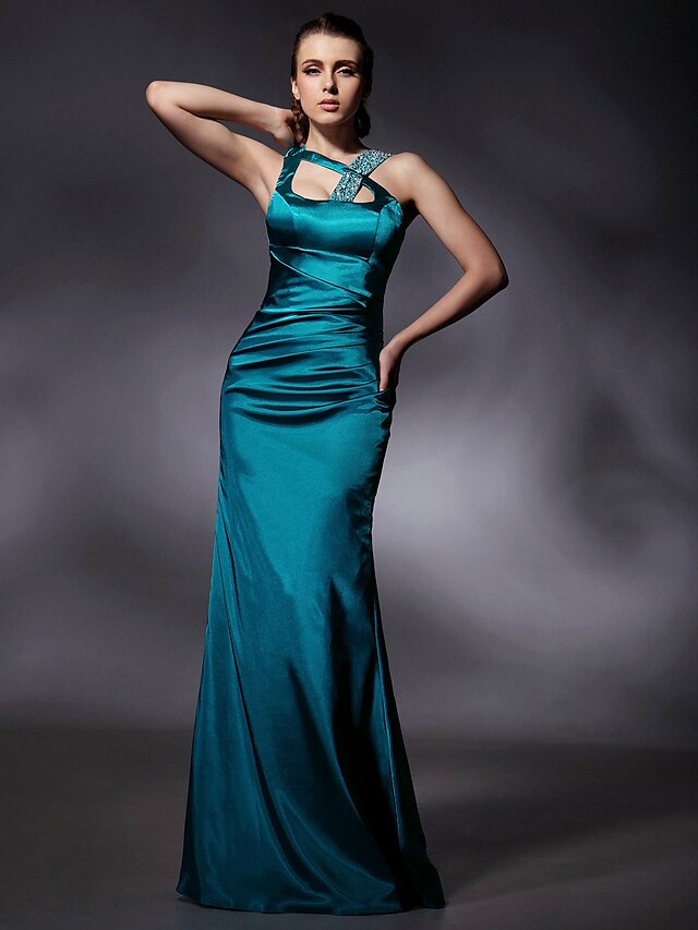  Mermaid / Trumpet Straps Floor Length Stretch Satin Dress with Beading / Side Draping by TS Couture®