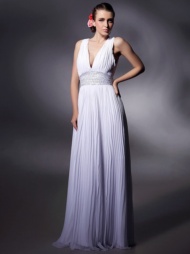  Sheath / Column Celebrity Style Dress Prom Floor Length Sleeveless Plunging Neck Chiffon with Beading Draping 2023