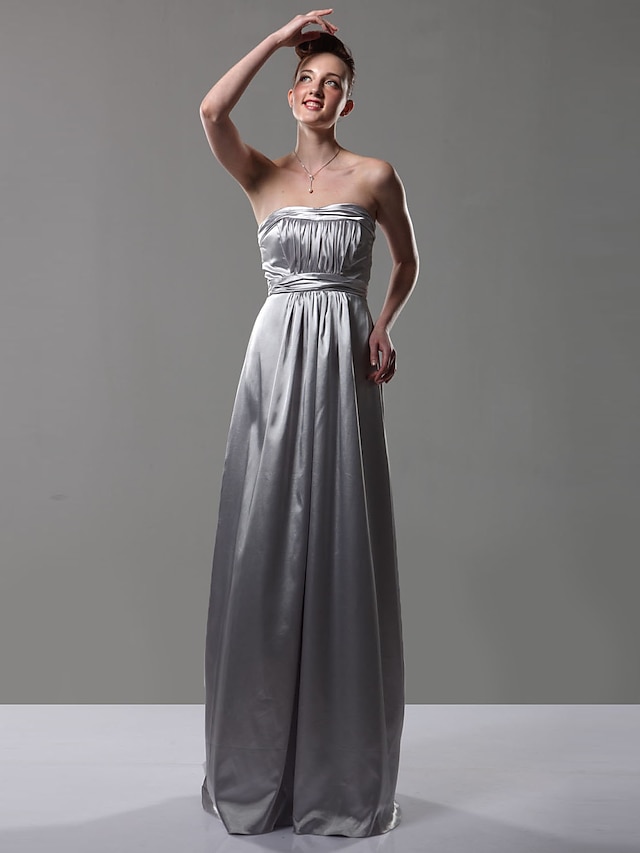  Sheath / Column Bridesmaid Dress Strapless Sleeveless Floor Length Charmeuse with Draping 2022