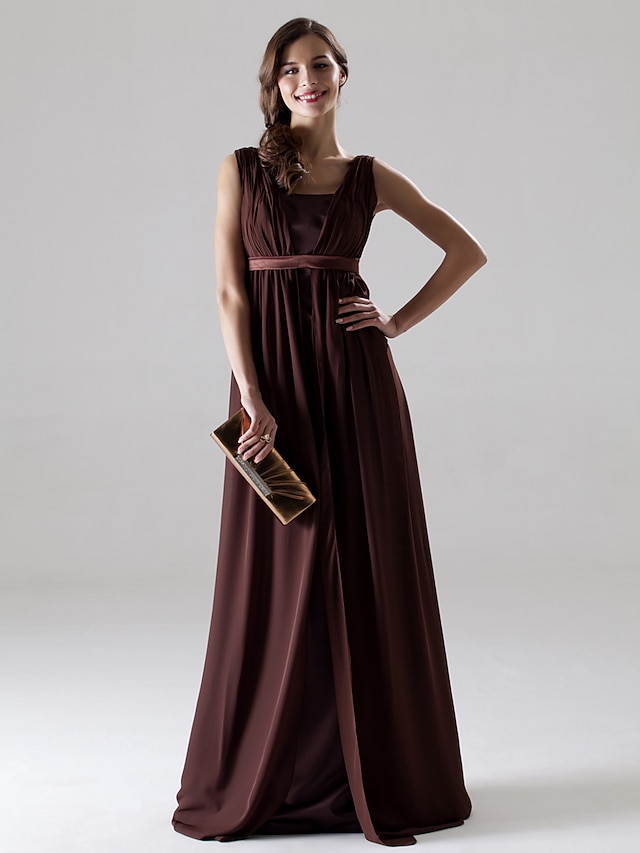  A-Line Bridesmaid Dress V Neck Sleeveless Elegant Floor Length Chiffon with Sash / Ribbon / Draping 2022