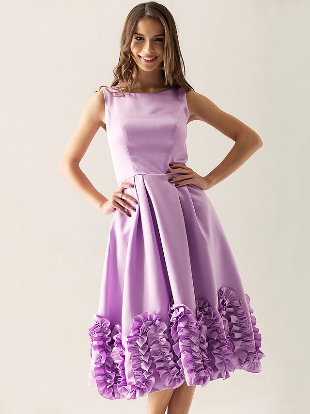  A-Line / Princess Bateau Neck Knee Length Satin Bridesmaid Dress with Ruffles by LAN TING BRIDE®