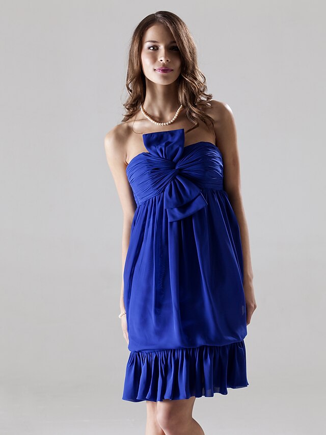  Sheath / Column Bridesmaid Dress Strapless Sleeveless Floral Knee Length Chiffon / Stretch Satin with Bow(s) / Ruched 2022