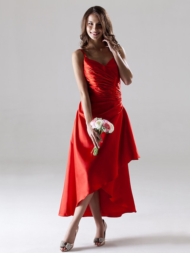  A-Line Spaghetti Strap Asymmetrical / Tea Length Stretch Satin Bridesmaid Dress with Side Draping / Open Back