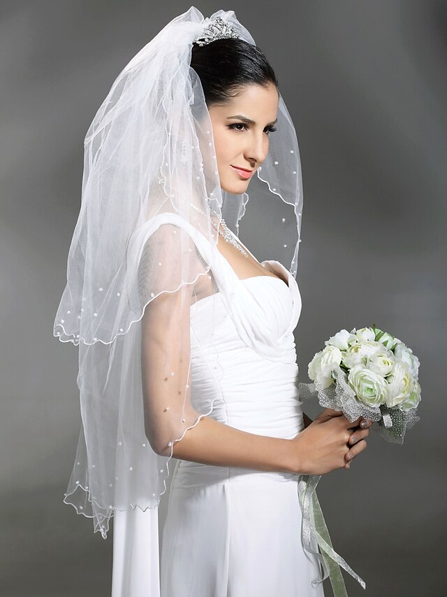  Wedding Veil Two-tier Elbow Veils Veils for Short Hair Scalloped Edge Pearl Trim Edge 37.4 in (95cm) Tulle White IvoryA-line, Ball Gown,