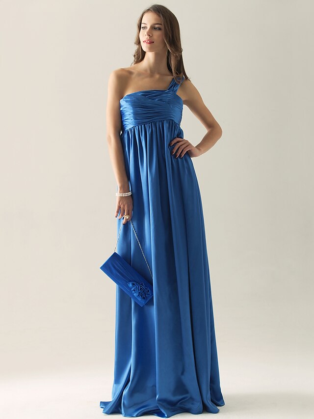  Sheath / Column One Shoulder Floor Length Charmeuse Bridesmaid Dress with Pleats / Ruched / Draping