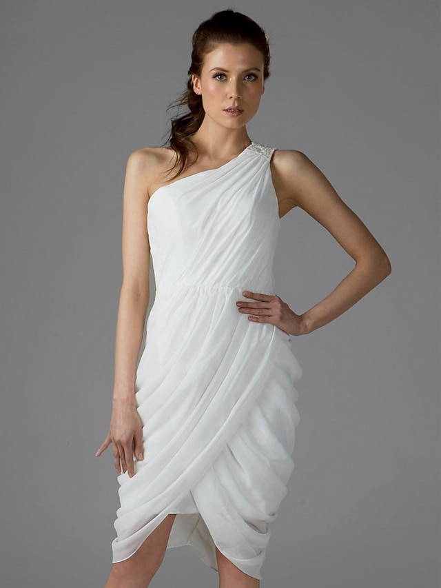  Sheath / Column Bridesmaid Dress One Shoulder Sleeveless Sexy Knee Length Chiffon with Side Draping 2022