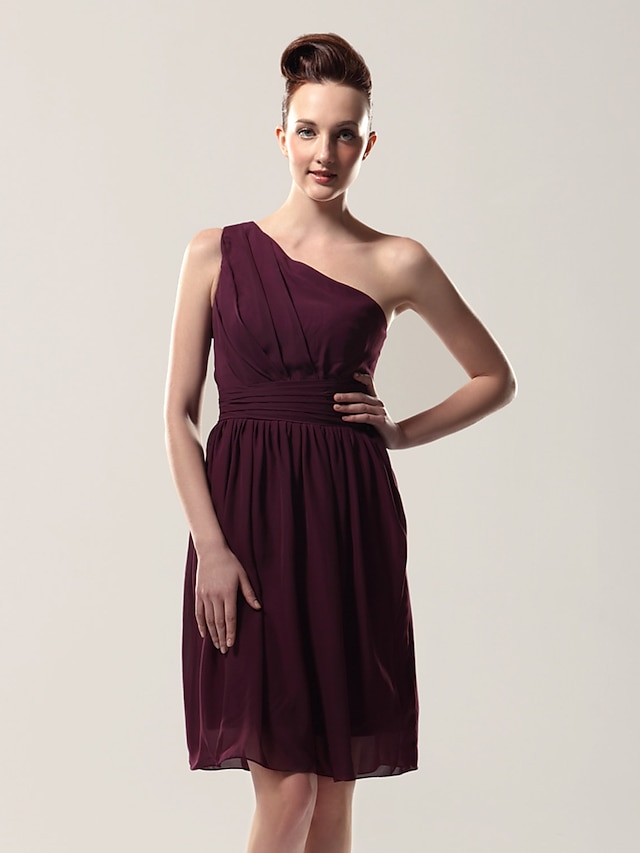  Sheath / Column Bridesmaid Dress One Shoulder Sleeveless Elegant Knee Length Chiffon with Pleats / Side Draping 2022