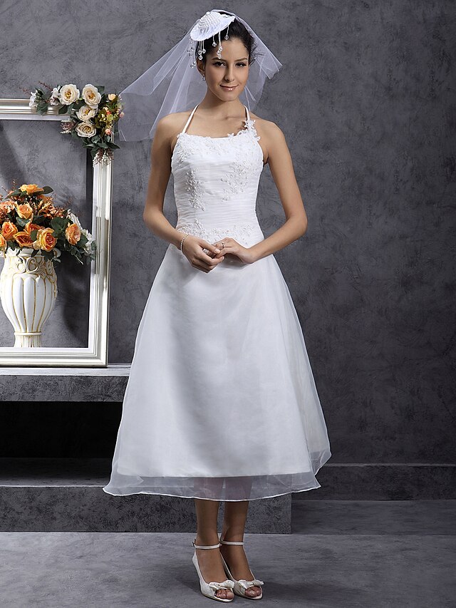  A-linje Bröllopsklänningar Smala axelband Telång Organza Ärmlös Liten vit klänning med Spets Veckad Bård 2020