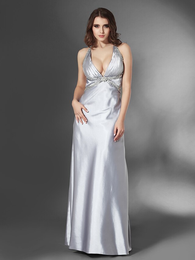  Sheath / Column Open Back Formal Evening Military Ball Dress V Neck Sleeveless Floor Length Stretch Satin with Sequin Side Draping Crystal Brooch 2021