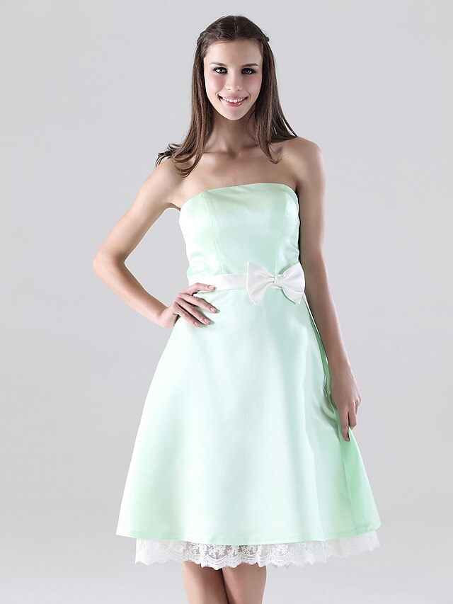  A-Line Strapless Knee Length Satin Bridesmaid Dress with Bow(s) / Lace / Sash / Ribbon by LAN TING BRIDE®