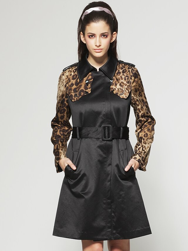  leopardo de mangas largas de solapa con el escudo del cinturón trinchera / Outerwears mujeres (FF-h-ca2013004)