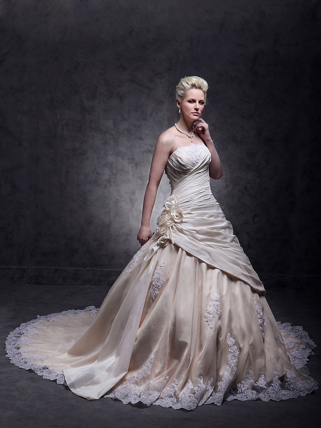  שמלות חתונה גזרת A סטרפלס סטרפלס שובל קתדרלה טפטה שמלות כלה עם חרוזים תחרה משולבת 2024