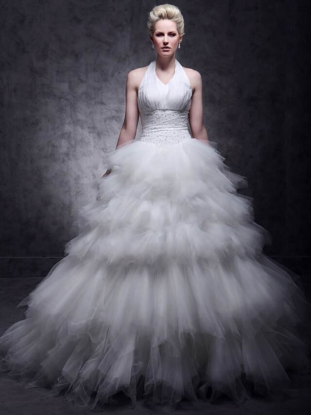  Ball Gown Wedding Dresses Halter Neck Floor Length Taffeta Tulle Sleeveless with 2020
