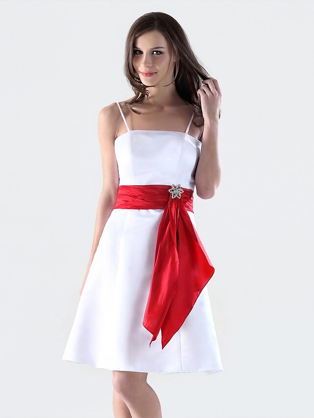  A-Line Spaghetti Strap Knee Length Satin Bridesmaid Dress with Sash / Ribbon / Crystal Brooch