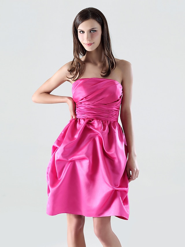  A-Line Bridesmaid Dress Strapless Sleeveless Short / Mini Satin with Pick Up Skirt / Ruched 2022