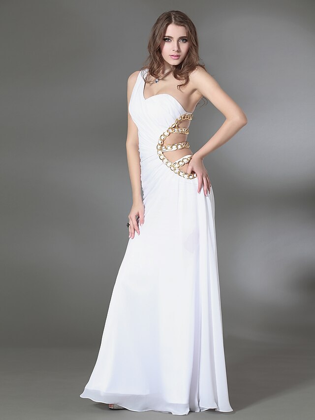  Sheath / Column Cut Out Dress Formal Evening Floor Length Sleeveless One Shoulder Chiffon with Side Draping 2022 / Open Back