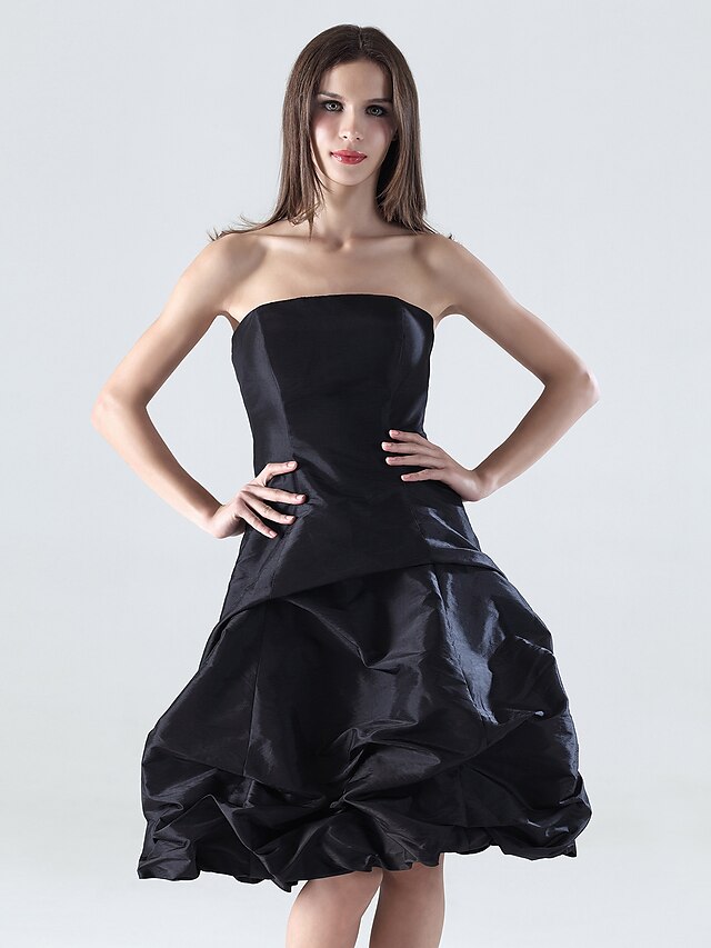  A-Line Little Black Dress Wedding Party Dress Strapless Sleeveless Knee Length Taffeta with Pick Up Skirt 2022