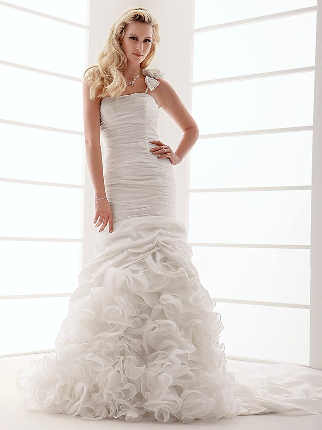  Szalon Esküvői ruhák Udvariuszály Pánt nélküli Félvállas Taft Val vel Virág Fodros 2023 Nyár Menyasszonyi ruhák