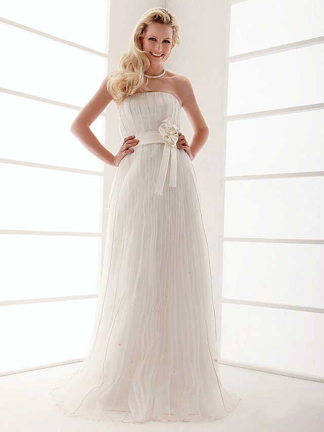  Hall Wedding Dresses Sheath / Column Strapless Sleeveless Floor Length Organza Bridal Gowns With 2024