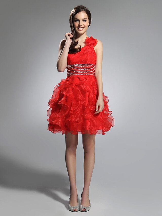  Ball Gown Classic & Timeless Dress Holiday Short / Mini Sleeveless One Shoulder Organza with Beading Cascading Ruffles 2022 / Cocktail Party