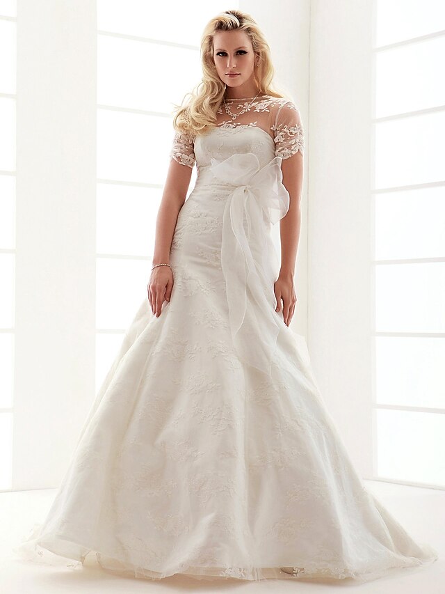  Hall Wedding Dresses Court Train A-Line Short Sleeve Jewel Neck Satin With 2023 Summer Bridal Gowns