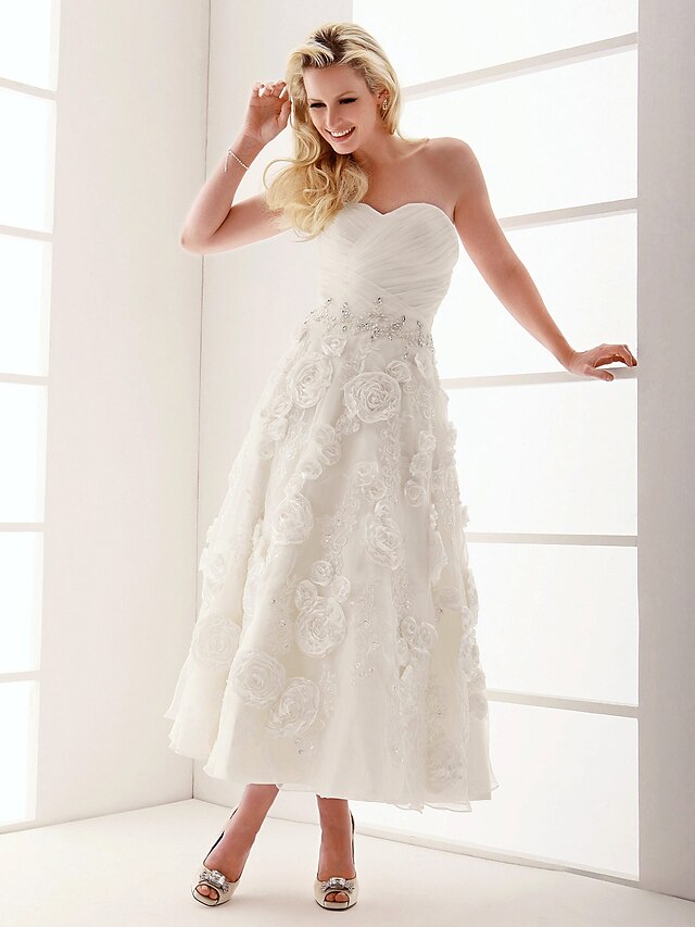  Hall Wedding Dresses A-Line Sweetheart Strapless Ankle Length Organza Bridal Gowns With Beading Appliques 2024