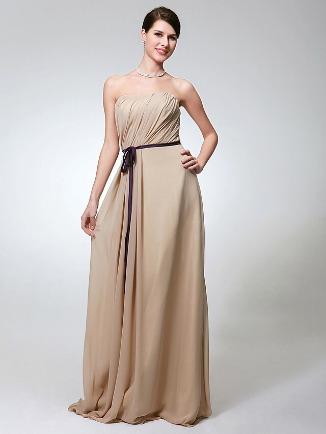  Sheath / Column Strapless Floor Length Chiffon Bridesmaid Dress with Sash / Ribbon / Side Draping