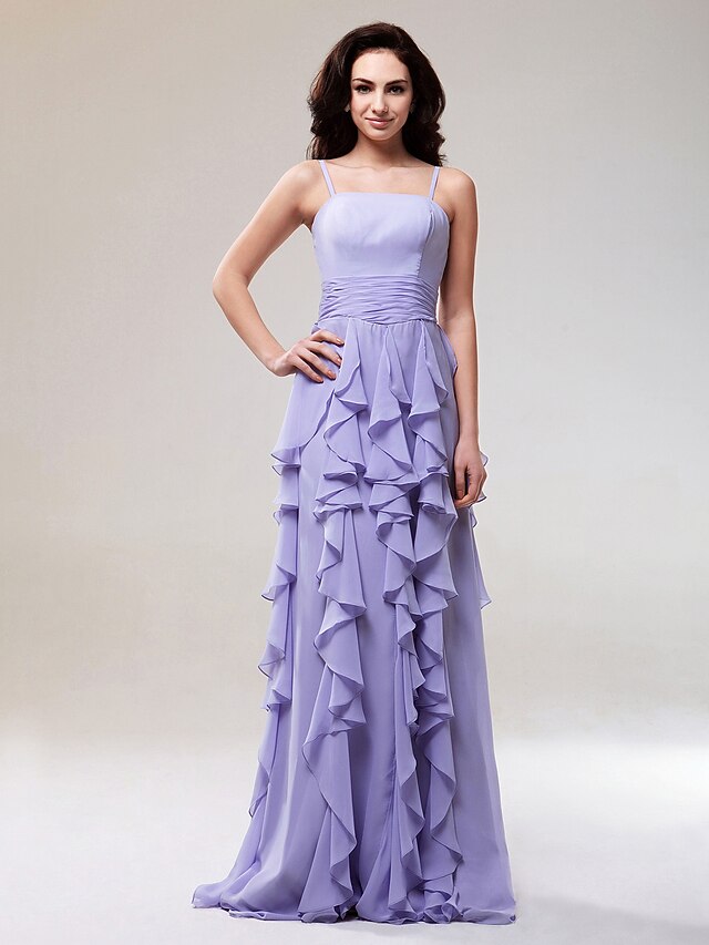  Sheath / Column Prom Formal Evening Military Ball Dress Spaghetti Strap Sleeveless Floor Length Chiffon with Ruched Cascading Ruffles 2022