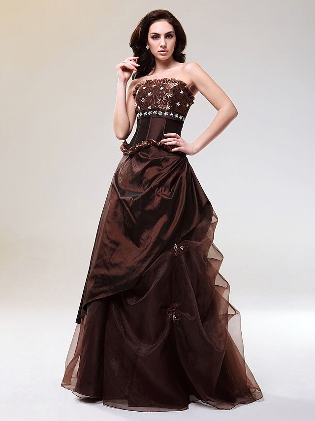  Ball Gown Dress Quinceanera Floor Length Sleeveless Strapless Taffeta with Lace Pick Up Skirt Beading 2023