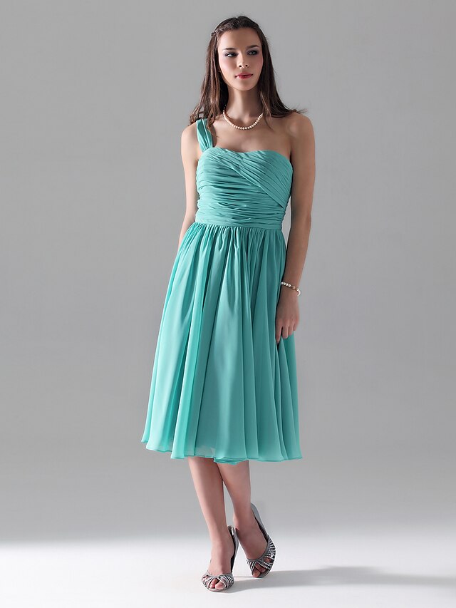  A-Line / Ball Gown One Shoulder Knee Length Chiffon Bridesmaid Dress with Ruched / Pleats by LAN TING BRIDE®