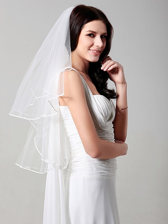 Wedding Veil Two-tier Elbow Veils / Veils for Short Hair Ribbon Edge 31.5 in (80cm) Tulle White / IvoryA-line, Ball Gown, Princess,