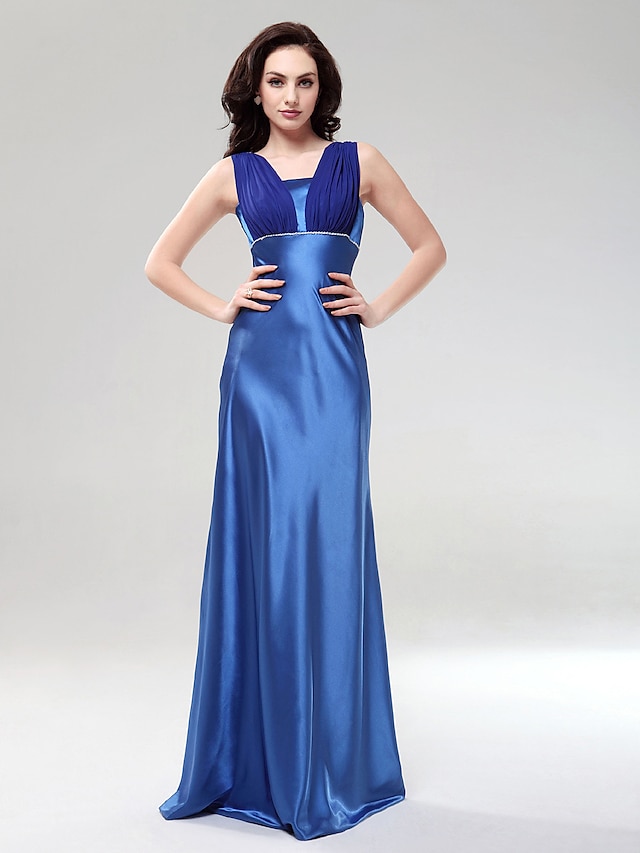  Sheath / Column Dress Formal Evening Wedding Party Floor Length Sleeveless Square Neck Chiffon with Beading Draping 2024