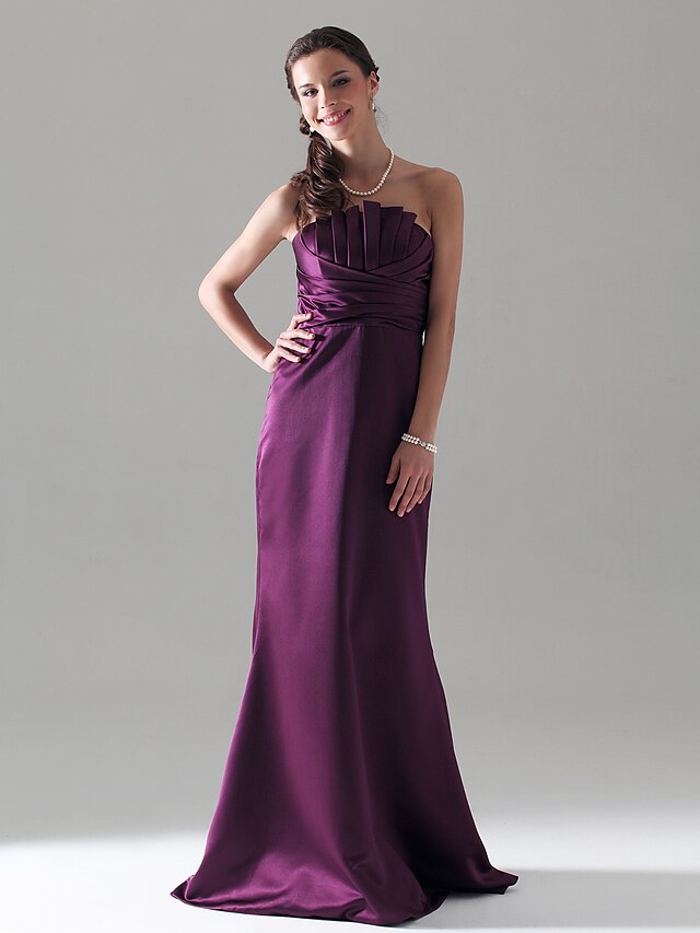  Sheath / Column Strapless Floor Length Satin Bridesmaid Dress with Ruffles / Ruched by LAN TING BRIDE® / Open Back