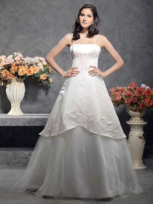  Hall Wedding Dresses A-Line Square Neck Camisole Spaghetti Strap Floor Length Satin Bridal Gowns With 2024
